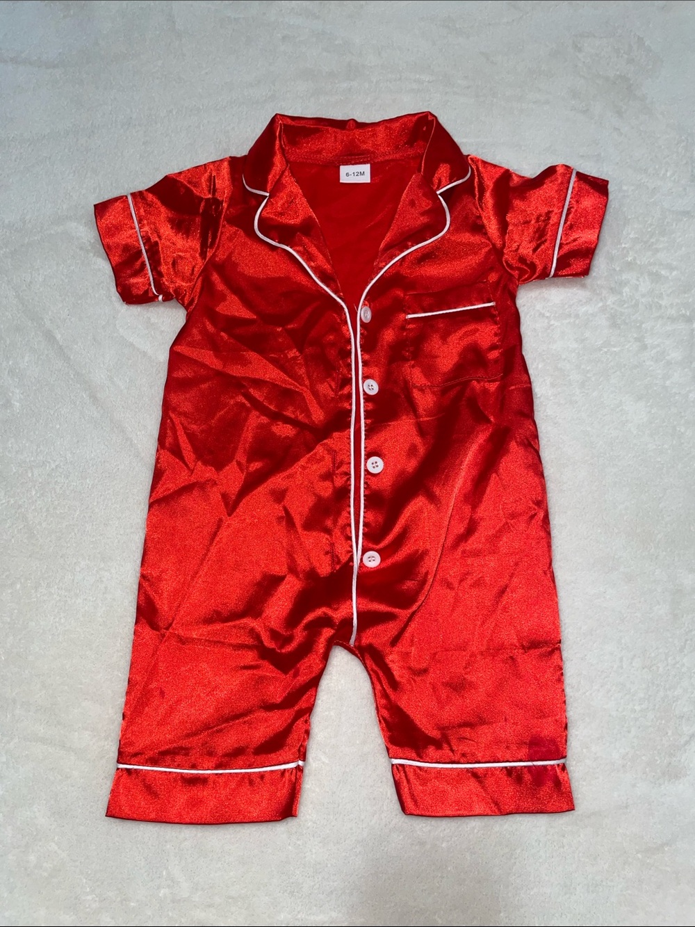 Amazon Red Satin Short-Sleeve Kids Pajama Romper with White Piping